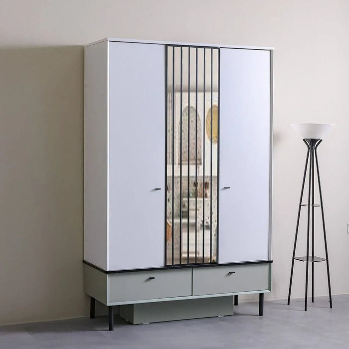 Petra 3Door Wardrobe With 2Drawers & 1Mirror-White & Grey
