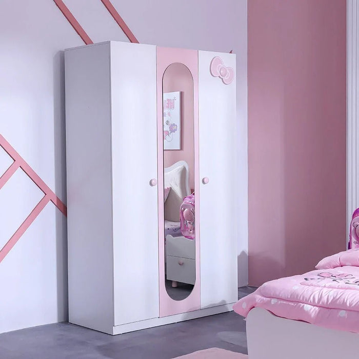 Kitty 3Door Wardrobe With 1 Mirror-White+Pink