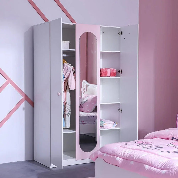 Kitty 3Door Wardrobe With 1 Mirror-White+Pink