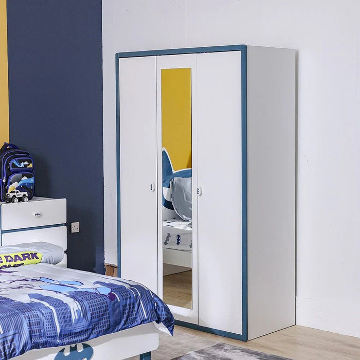 Knight 3-Door Wardrobe with 1 Mirror - White/Teal Blue - With 5-Year Warranty