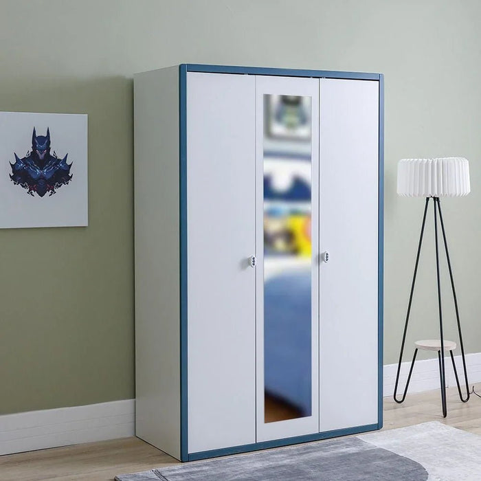 Knight 3-Door Wardrobe with 1 Mirror - White/Teal Blue - With 5-Year Warranty