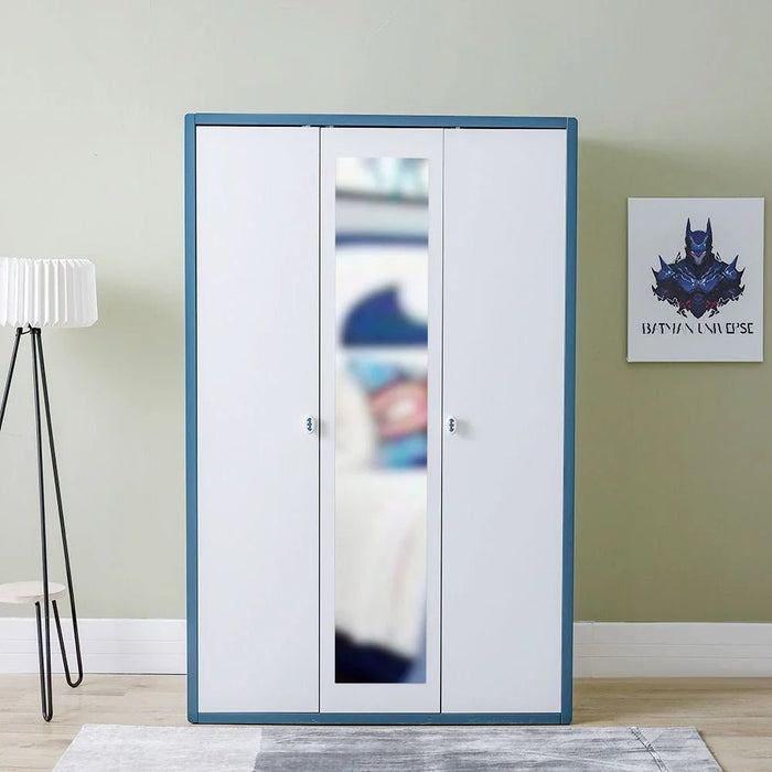 Knight 3-Door Wardrobe with 1 Mirror - White/Teal Blue - With 5-Year Warranty