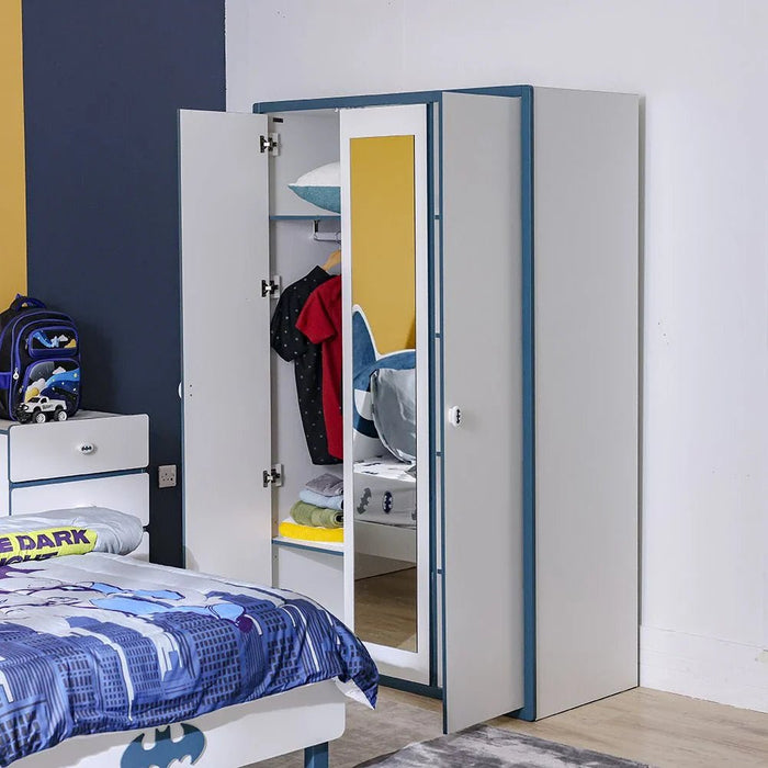 Knight 3-Door Wardrobe with 1 Mirror - White/Teal Blue - With 5-Year Warranty
