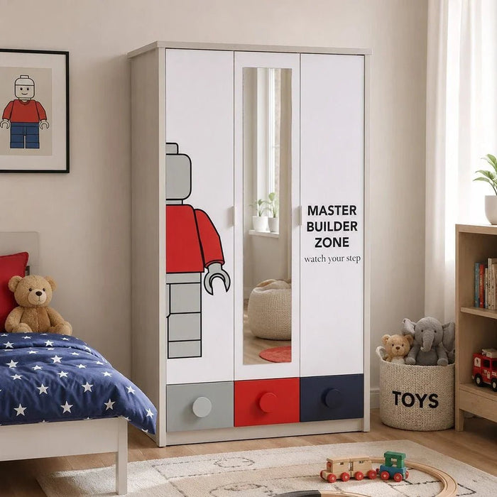 Blocks 3Doors Wardrobe With 3 Drawers & 1 Mirror-Grey & Red+Blue