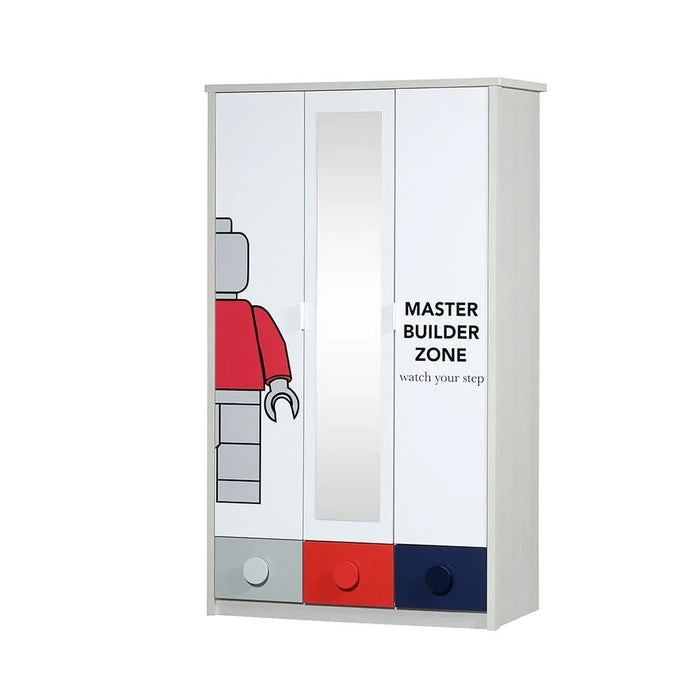Blocks 3Doors Wardrobe With 3 Drawers & 1 Mirror-Grey & Red+Blue