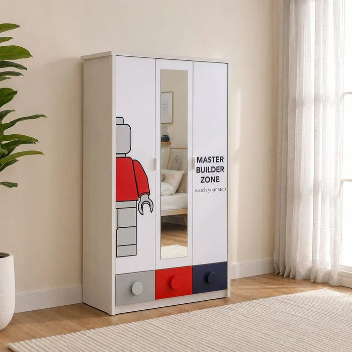 Blocks 3Doors Wardrobe With 3 Drawers & 1 Mirror-Grey & Red+Blue