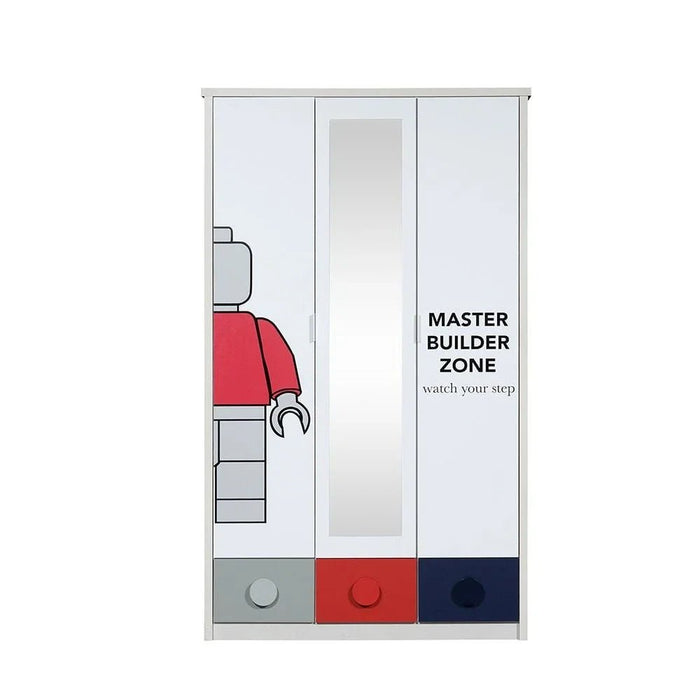 Blocks 3Doors Wardrobe With 3 Drawers & 1 Mirror-Grey & Red+Blue