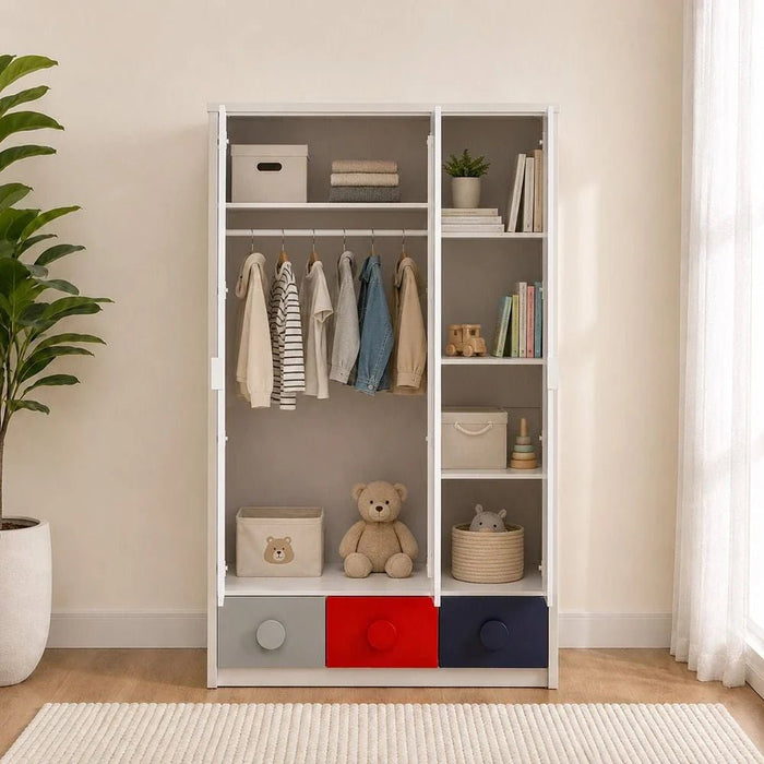 Blocks 3Doors Wardrobe With 3 Drawers & 1 Mirror-Grey & Red+Blue