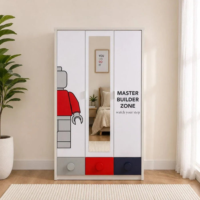 Blocks 3Doors Wardrobe With 3 Drawers & 1 Mirror-Grey & Red+Blue