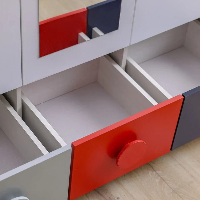 Blocks 3Doors Wardrobe With 3 Drawers & 1 Mirror-Grey & Red+Blue