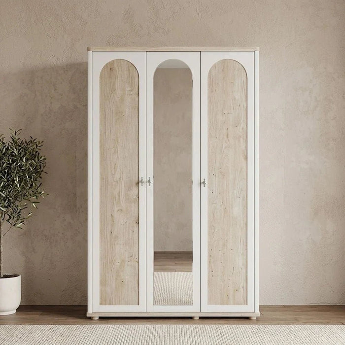 Swiss 3-Door Wardrobe with 1 Mirror - Light Oak/White - With 2-Year Warranty