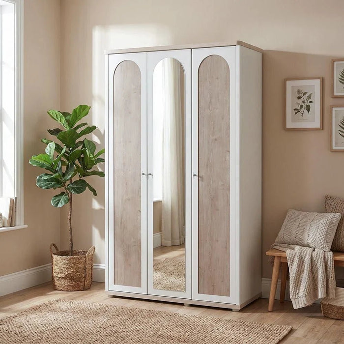 Swiss 3-Door Wardrobe with 1 Mirror - Light Oak/White - With 2-Year Warranty