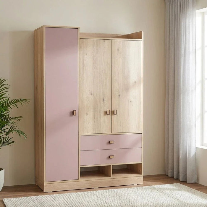Bella 3-Door Wardrobe - Pink & Oak - With 2-Year Warranty