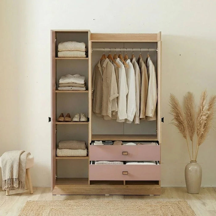 Bella 3-Door Wardrobe - Pink & Oak - With 2-Year Warranty
