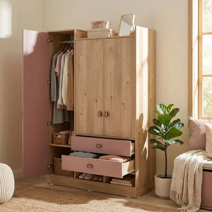Bella 3-Door Wardrobe - Pink & Oak - With 2-Year Warranty