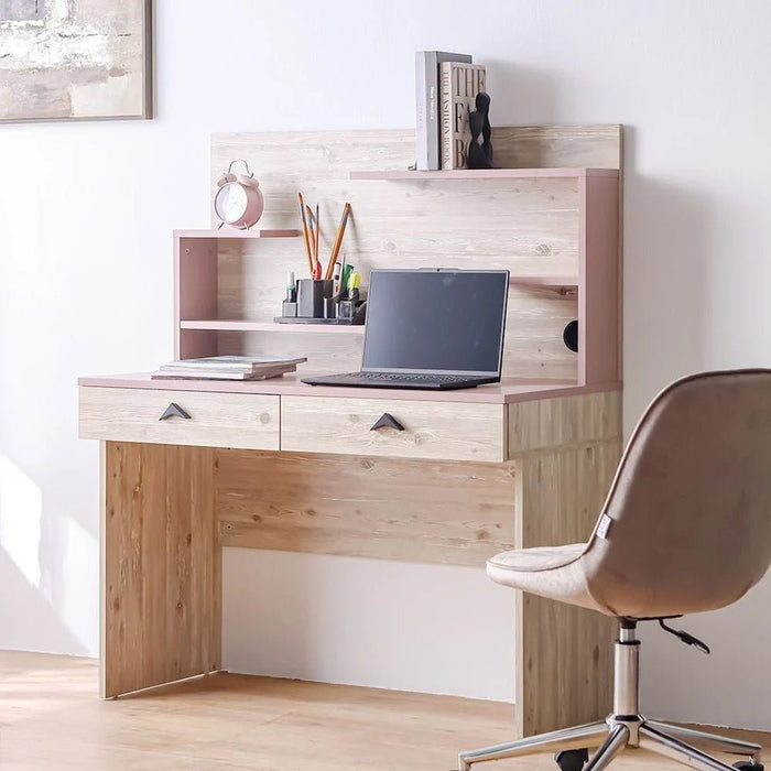 Bliss Study Desk With 2Drawers & Hutch-Oak & Pink