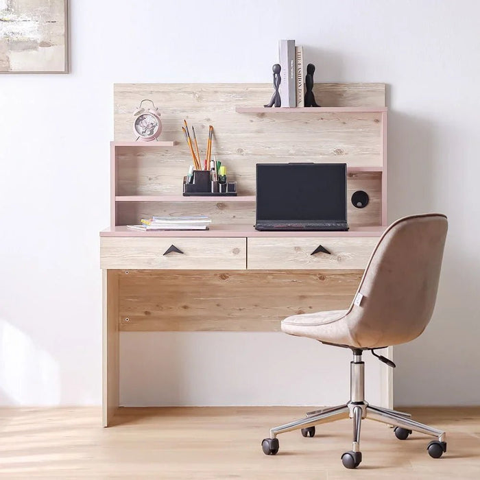 Bliss Study Desk With 2Drawers & Hutch-Oak & Pink