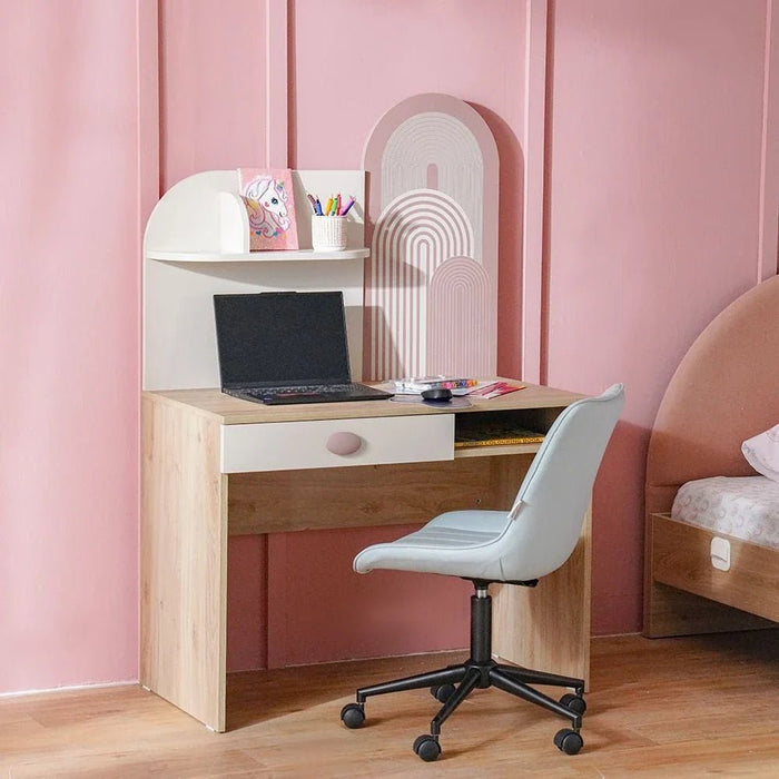 Zeta 1-Drawer Study Desk with Hutch - Off-white & Pink - With 2-Year Warranty