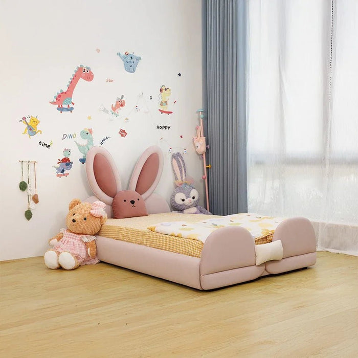Peter Rabbit 120x200 Velvet Upholstered Kids Bed-Pink & White
