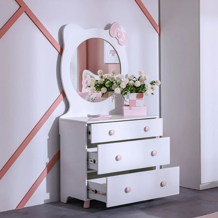Kitty 3Drawers Dresser With Mirror-White+Pink
