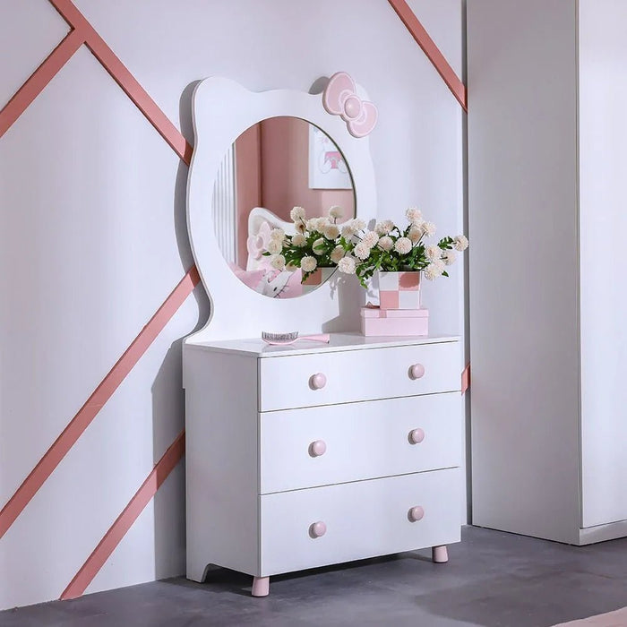 Kitty 3Drawers Dresser With Mirror-White+Pink