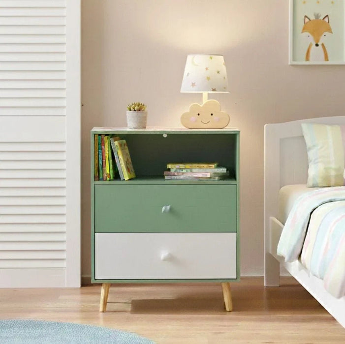 Little Bear 2-Drawer & 1-Open Shelf Kids Chest of Drawers - Green & White - With 2-Year Warranty