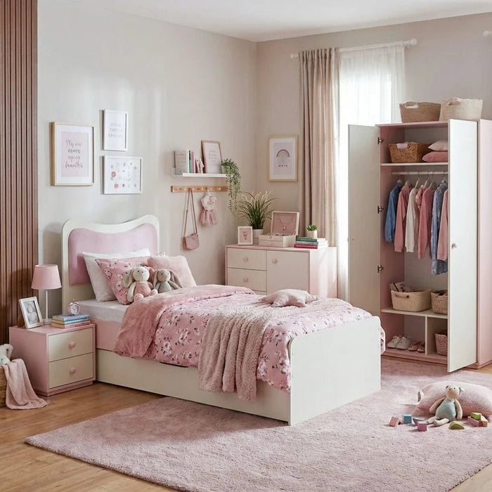 Candy 90x200 Kids Bed With Upholstered Headboard & 90x200 Trundle Bed-Blush Pink+Cream