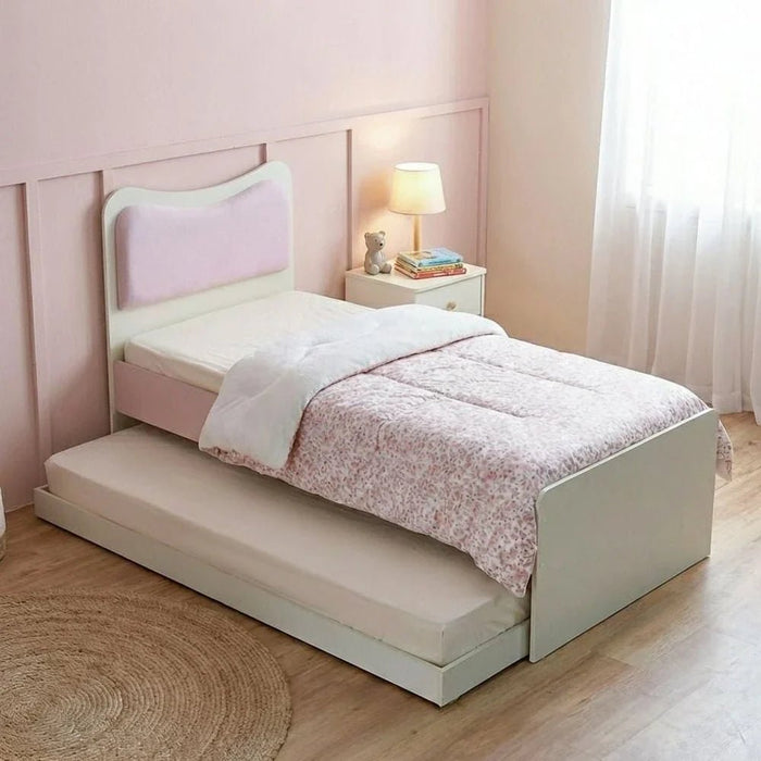 Candy 90x200 Kids Bed With Upholstered Headboard & 90x200 Trundle Bed-Blush Pink+Cream