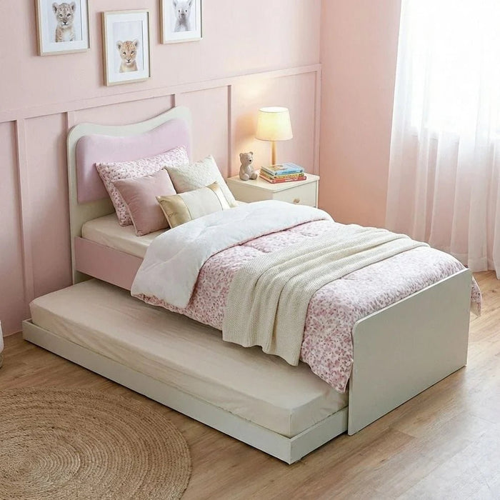 Candy 90x200 Kids Bed With Upholstered Headboard & 90x200 Trundle Bed-Blush Pink+Cream