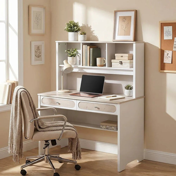 Swiss 2-Drawer Study Desk with Hutch - Light Oak + White - With 2-Year Warranty