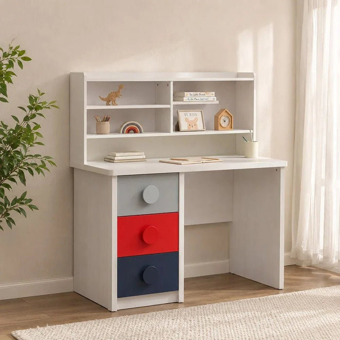Blocks 3Drawer Study Deskw/Hutch-Grey & Red+Blue
