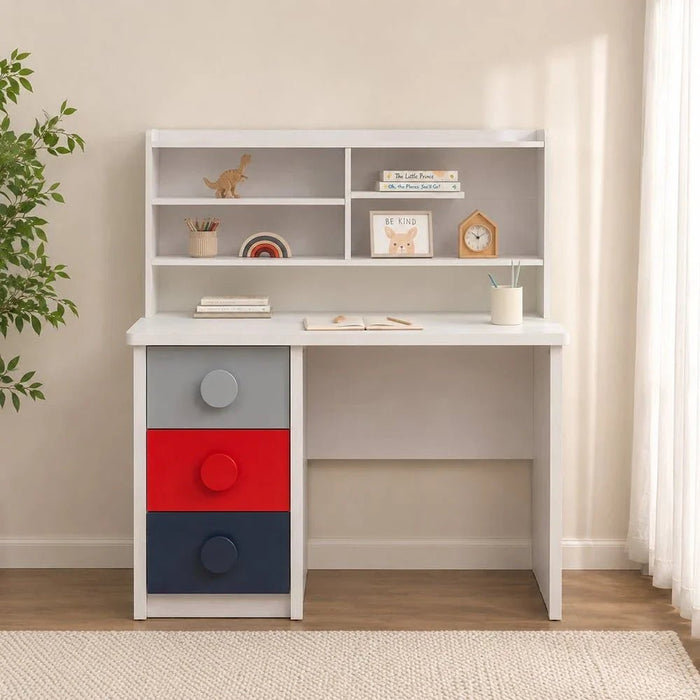 Blocks 3Drawer Study Deskw/Hutch-Grey & Red+Blue