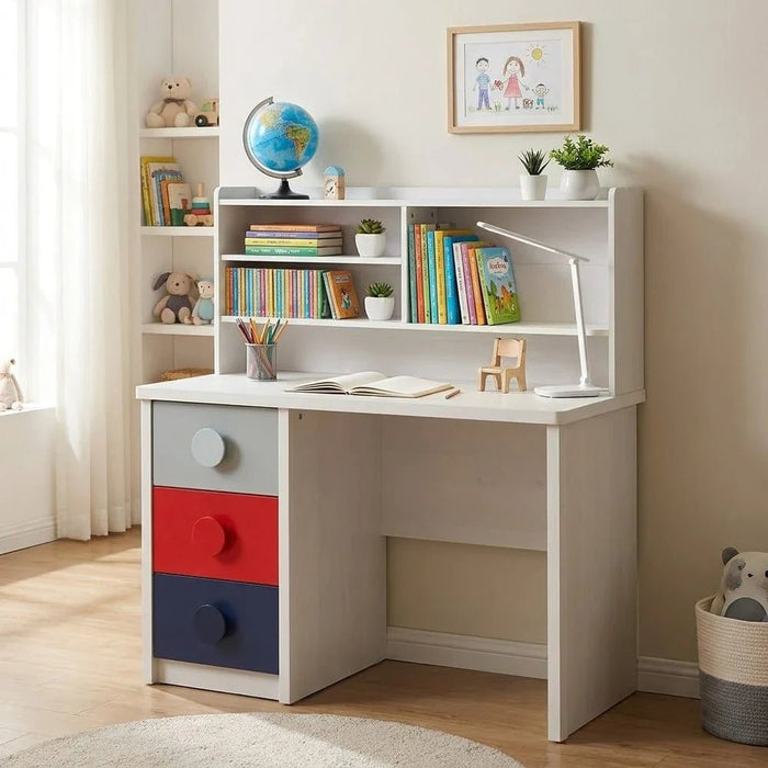 Blocks 3Drawer Study Deskw/Hutch-Grey & Red+Blue