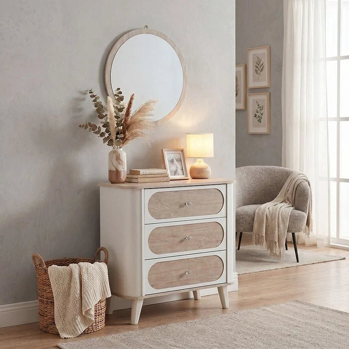 Swiss 3 Drawers Dresser With Mirror-Light Oak+White