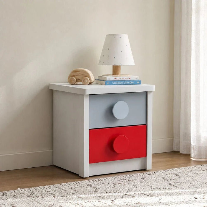 Blocks 2-Drawer Nightstand - Grey & Red - With 2-Year Warranty