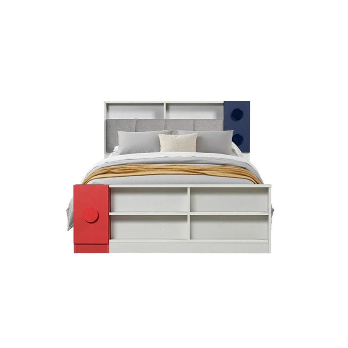 Blocks 120X200 Kids Bed & 90X190 Trundle Bed With Upholstered Headboard+Usb-Grey & Red+Blue