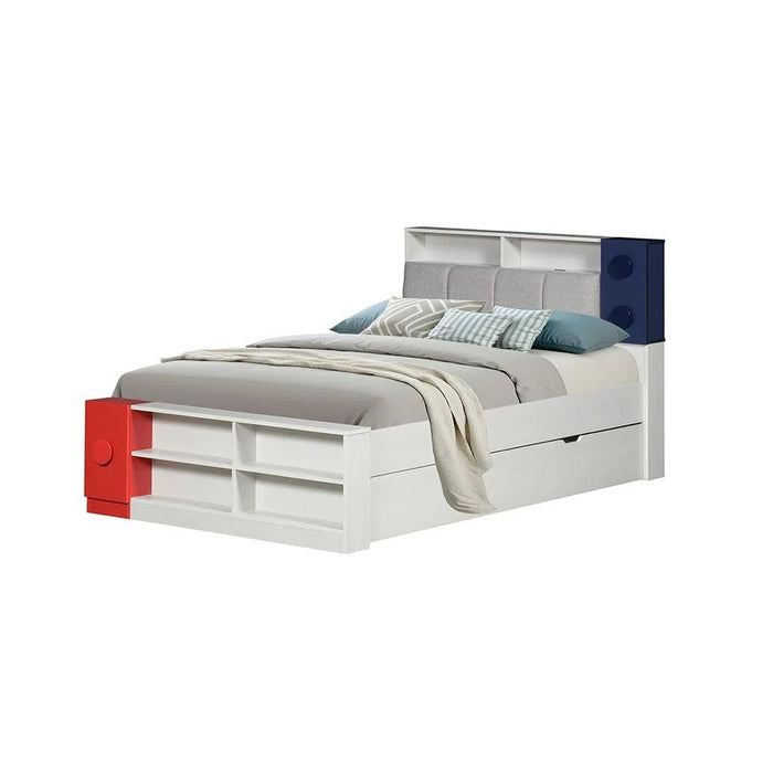 Blocks 120X200 Kids Bed & 90X190 Trundle Bed With Upholstered Headboard+Usb-Grey & Red+Blue