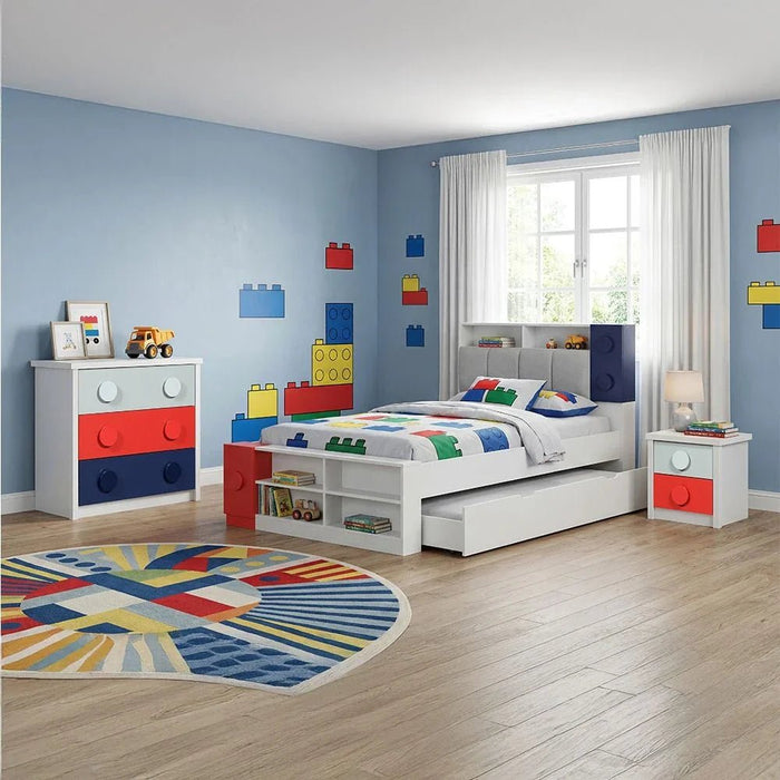 Blocks 120X200 Kids Bed & 90X190 Trundle Bed With Upholstered Headboard+Usb-Grey & Red+Blue