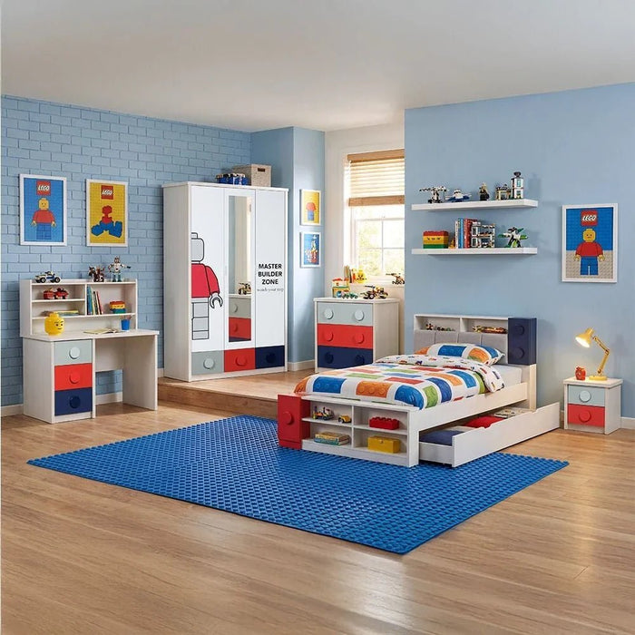 Blocks 120X200 Kids Bed & 90X190 Trundle Bed With Upholstered Headboard+Usb-Grey & Red+Blue