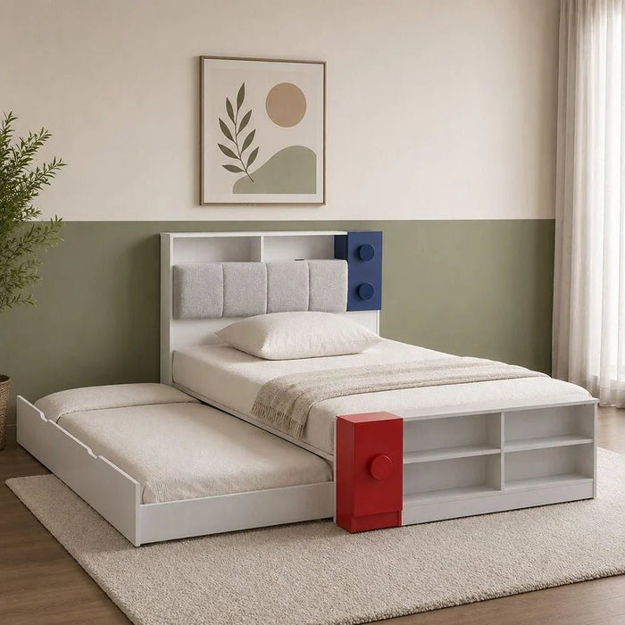 Blocks 120X200 Kids Bed & 90X190 Trundle Bed With Upholstered Headboard+Usb-Grey & Red+Blue