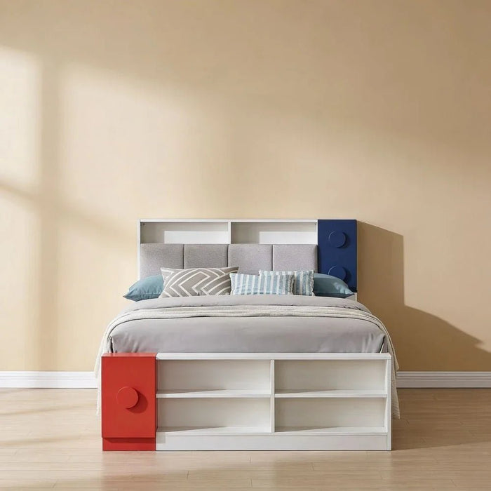 Blocks 120X200 Kids Bed & 90X190 Trundle Bed With Upholstered Headboard+Usb-Grey & Red+Blue