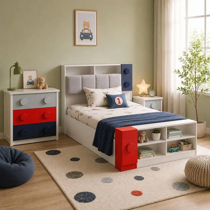 Blocks 120X200 Kids Bed & 90X190 Trundle Bed With Upholstered Headboard+Usb-Grey & Red+Blue