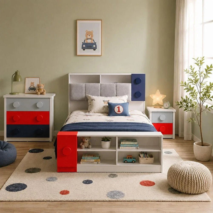 Blocks 120X200 Kids Bed & 90X190 Trundle Bed With Upholstered Headboard+Usb-Grey & Red+Blue