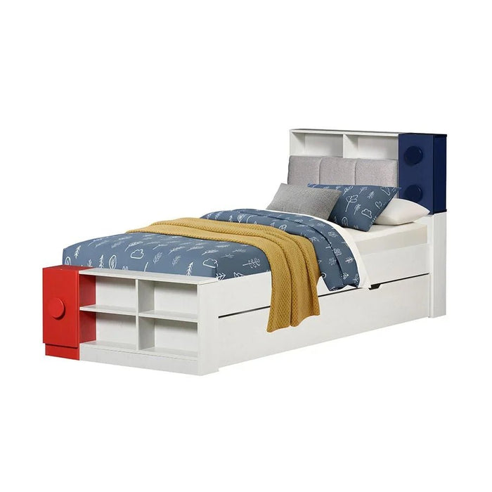 Blocks 90x200 Kids Bed & 90x190 Trundle Bed with Upholstered Headboard + USB - Grey & Red+Blue - With 2-Year Warranty