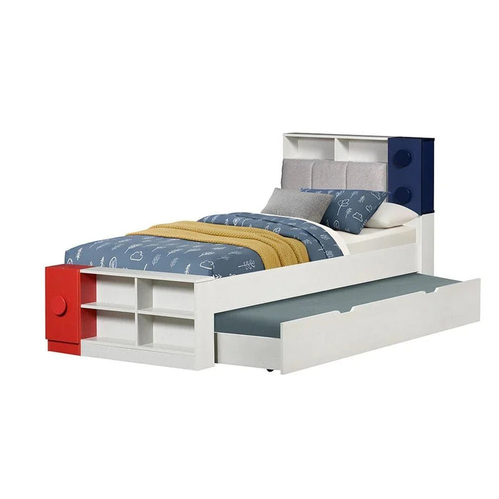 Blocks 90x200 Kids Bed & 90x190 Trundle Bed with Upholstered Headboard + USB - Grey & Red+Blue - With 2-Year Warranty