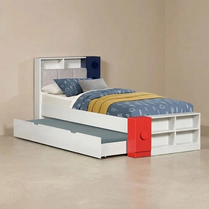 Blocks 90x200 Kids Bed & 90x190 Trundle Bed with Upholstered Headboard + USB - Grey & Red+Blue - With 2-Year Warranty