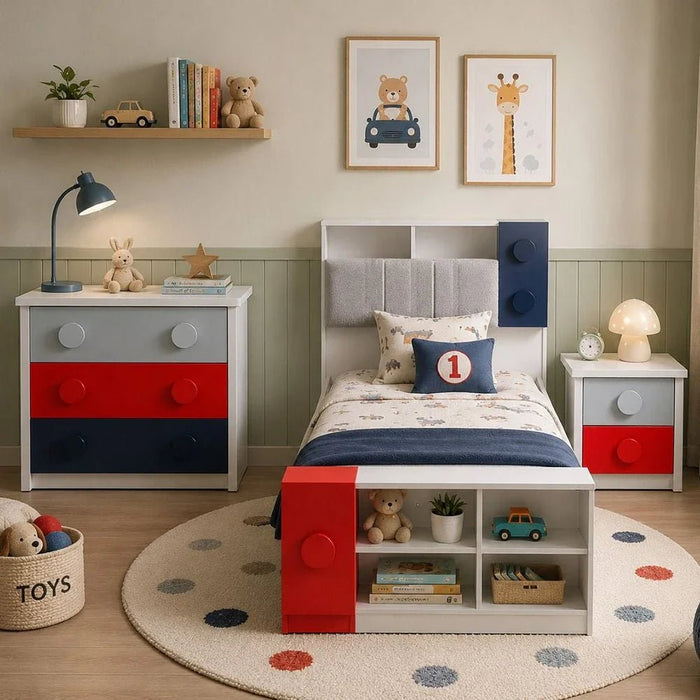 Blocks 90x200 Kids Bed & 90x190 Trundle Bed with Upholstered Headboard + USB - Grey & Red+Blue - With 2-Year Warranty