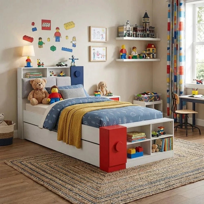 Blocks 90x200 Kids Bed & 90x190 Trundle Bed with Upholstered Headboard + USB - Grey & Red+Blue - With 2-Year Warranty