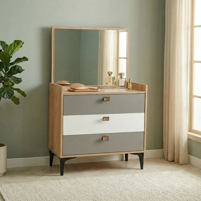 Bella 3-Drawer Dresser with Mirror - Grey & Oak - With 2-Year Warranty