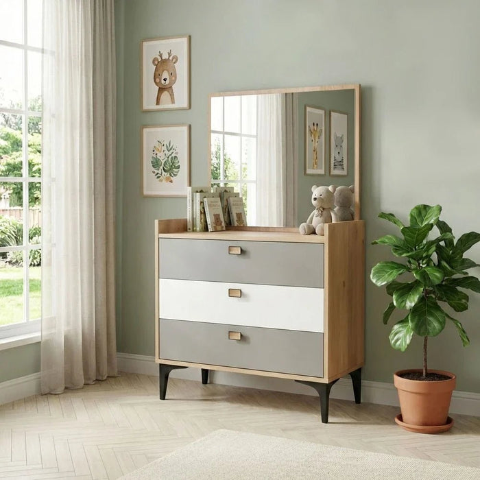 Bella 3-Drawer Dresser with Mirror - Grey & Oak - With 2-Year Warranty